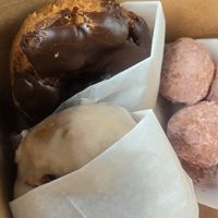 Vegan lemon, vegan Mexican chocolate and vegan raspberry mochi balls. Yummy! at Vio Handcrafted Pastries in Vacaville