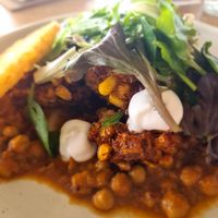 Corn fritters with chickpea kusundi, added hashbrown at 360Q in Queenscliff