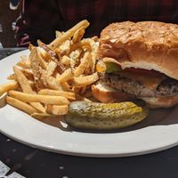 Vegetarian burger w/cheese and truffle fries at Broadway Grille and Pub in Jim Thorpe