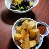 Spicy miso eggplant & fried potatoes   at Love For All in Kanazawa
