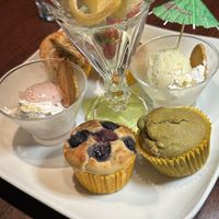 Dessert platter - warm mixed flavoured muffins, ice cream with gold leaf and fruit  at Love For All in Kanazawa