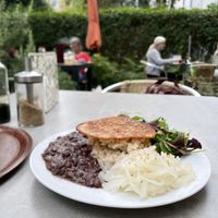 Brown rice, adzuki beans, cabbage and salad as main  at Fröhlicher Reisball Naturkost & Makrobiotik in Hamburg