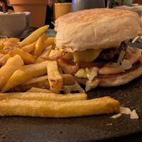 Vegan burger and fries at The Den in Raposeira