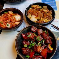 Black bean Tofu, kimchi, japchae noodles at KOKUMY in Frankfurt