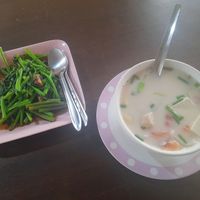 Coconut milk soup (Tom Kha) with tofu and veg, and stir-fried morning glory at Good Luck Thai Food in Khlong Sok