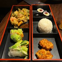 Vegan Healthy Bento Box (with Tempura Veg, Thai Corn Cakes, Vietnamese Fresh Vegetable Spring Rolls, Vegetable Maki Sushi)  at Fusion in Durham