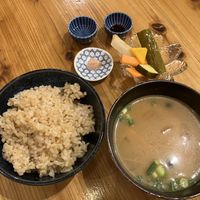 Genmai (brown rice) with miso soup  at Farmers Osusowake Hanamame - はな豆 in Tokyo