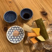 Pickles + magic vegan TKG (egg over rice) formula  at Farmers Osusowake Hanamame - はな豆 in Tokyo