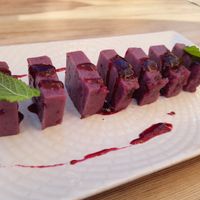 Vegan panna cotta with berries at Caprixo Gastrobar in Valencia