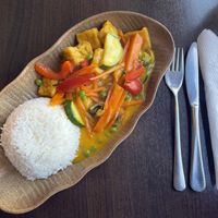 “Exotic” vegetables & tofu with Mango sauce - quite sweet but tasty  at Asia Nativ in Hannover