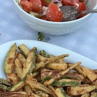 Fried Zucchini + Greek Salad (vegetarian)  at Annita Ydra in Idra