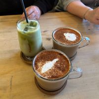 Raspberry and Rhubarb Matcha with Oat Milk, and two Vegan Vanilla Chai Lattes with Soya Milk at Flat White Kitchen in Durham