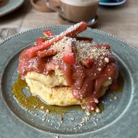 Vegan Rhubarb Crumble Pancakes at Flat White Kitchen in Durham