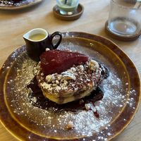 Vegan Poached Pear, Walnut Crumble, and Custard Pancakes at Flat White Kitchen in Durham