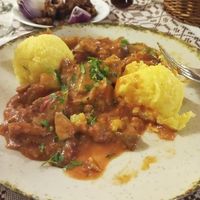 There's really just one vegan dish that's not a salad or side dish. Polenta with mushrooms in tomato and bell peppers, it was good even though I don't like peppers. at Sergiana in Brasov