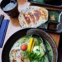 Basil ramen, crispy gyoza, edamame, genmaicha tea & pomegranate aloe juice at Iimori Vegan Ramen  in Berlin