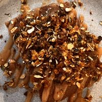 Almond cake with quince coulis and almond praline .  at La Belle Verte in Toulouse