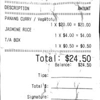 Receipt for meal. Price of Jasmine Rice includes unlimited refills.  at Barlame Thai Restaurant in Kellyville