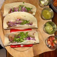 “Fish” tacos made from hearts of palm🩵  at The Ginger Mule in Houston