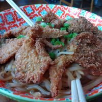 Tried the new Garlic Sesame Noodles topped with fried oyster mushrooms. So delicious! at The Ginger Mule in Houston