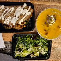 mushroom crêpe + arugula accoutrements & soup of the day at Candle in New York City