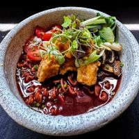 Fire ramen: crunchy tofu, vegetables and fideos at Tribu de Fuego in Bogota