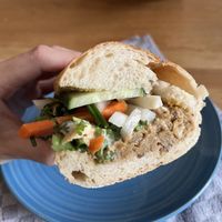 Vegan banh mi (halved) with pate, pickles and tofu  #Veganuary at Saveur de Bánh Mì in Berlin
