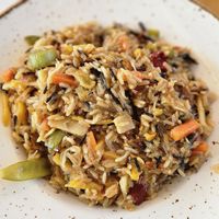 Wok dish with vegetables, rice, and glass noodles at Bergbahnen Rosshütte in Seefeld In Tirol