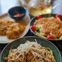 Vegan Healthy Black Garlic Vermicelli, Pasta with Peanut Mushroom Sauce, Angel Wings, Chamomile and Red Dried Apple Tea at Green Inn - Nhà hàng thuần chay in Hanoi