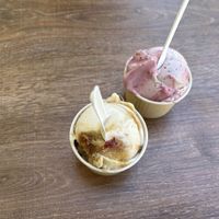 Vegan oat milk pineapple inside down cake flavour; and vegan hibiscus flavourr  at Kuld Creamery  in East Fremantle