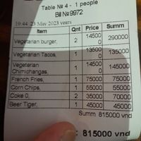 815.000 for subpar food. at Cactus Bogosov in Nha Trang
