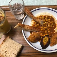 Soup of the day, homemade bread and a mix of hummus, falafel and chickpea stew.  at Le Petit Dugo in Marseille