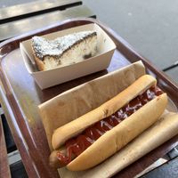 Hot dog & coconut/chocolate cheesecake   at East Side Burgers in Paris