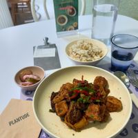 Fried mushrooms & tofu (lotus root and non spicy peppers) comes with a side of pickles. Ordered rice separately   at Plantude - I'Park Mall Yongsan in Seoul
