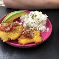 Rice and patacons with frijolada   at María Candela  in Bogota