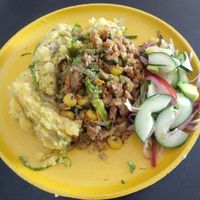Mashed potatoes, salad, mix of soy protein and veggies at María Candela  in Bogota