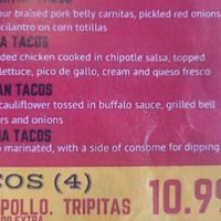 Vegan tacos also listed on other side at Mr. Taco Cantina in Galveston