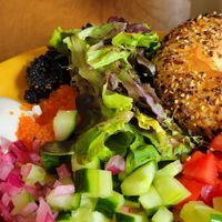 Bagel plate at Green Salmon Coffee and Tea House in Yachats