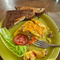 Just Egg Omelet with rye toast...and vegan sausage! at Green Salmon Coffee and Tea House in Yachats