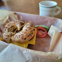 Sausage breakfast sandwich with just egg at Green Salmon Coffee and Tea House in Yachats