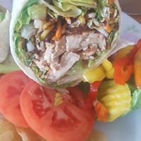 Sesame chicken wrap with Gardein chicken at Green Salmon Coffee and Tea House in Yachats