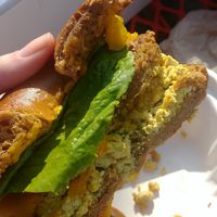 Whole wheat bagel sausage sandwhich at Green Salmon Coffee and Tea House in Yachats