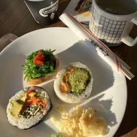 Sushi and green tea (husbands coffee was being photogenic)  at Kimchi & Wasabi in Nelson