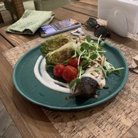 Eggplant with miso glaze, cashew cream and tomatoes at Cafe Imbir - Ginger in Kyiv