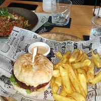 "Vegan" burger and my friend had noodles at Bliss Cocktail & Shisha Bar in Rhodes