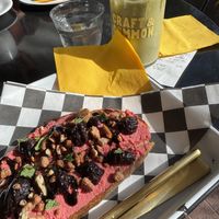 Beet hummus toast with figs and matcha with pistachio milk   at Craft & Common in Orlando