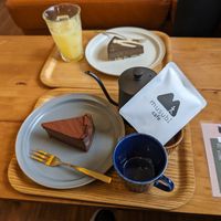 Chocolate tofu cake, seasonal Cake, apple juice and hand drip coffee set at Musubi Sweets Factory  in Kyoto