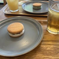 Fig-pecan ice cream sandwich and cold hojicha  at Musubi Sweets Factory  in Kyoto