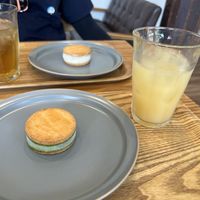 Matcha ice cream sandwich and apple juice  at Musubi Sweets Factory  in Kyoto