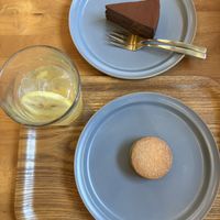 Housemade Lemon Squash, Tofu chocolate cake and Uiji Matcha & Black Soy Bean ice cream sandwich  at Musubi Sweets Factory  in Kyoto
